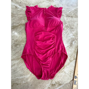 Anne Cole Pink Ruffle Sleeve One Piece Swimsuit Size 12, front zip. Athletic